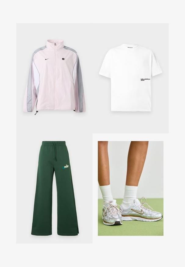 Lichtroze sportjack met grijze en witte panelen, ritssluiting aan de voorkant, elastische manchetten, Nike-logo op de linkerborst en een klein zwart vierkant embleem op de rechterborst.; Witte katoenen T-shirt met een ronde hals, korte mouwen en een zwart bedrukt "KARL LAGERFELD JEANS" logo op de linkerborst.; Donkergroene wijde sweatpants van zachte stof met een elastische tailleband, trekkoord, zijzakken en een teal geborduurd Nike-logo op de linker bovenbeen.; Zilveren sportschoenen met witte en gouden accenten, voorzien van een mesh bovenkant, rubberen zool en een reflecterende afwerking. Sokken zichtbaar boven de enkel.