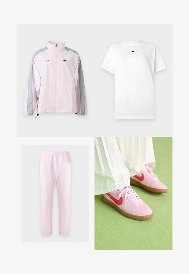 Ανοιχτόροζ αθλητικό μπουφάν με γκρι και λευκές πανέλες, φερμουάρ μπροστά, ελαστικές μανσέτες, λογότυπο Nike στο αριστερό στήθος και μικρό μαύρο τετράγωνο έμβλημα στο δεξί στήθος.; Λευκό T-shirt κοντομάνικο με στρογγυλή λαιμόκοψη και μικρό μαύρο λογότυπο Nike κάτω από τον λαιμό.; Ανοικτό ροζ ελαστικό παντελόνι φόρμας με μανσέτες στους αστραγάλους, απλωμένο σε λευκό φόντο.; Ροζ σουέντ αθλητικά παπούτσια με κόκκινο λογότυπο και ταιριαστά κορδόνια. Η σόλα είναι από ανοιχτό καφέ καουτσούκ. Φορεμένα με λευκά πτυχωτά παντελόνια πάνω σε πράσινη επιφάνεια.