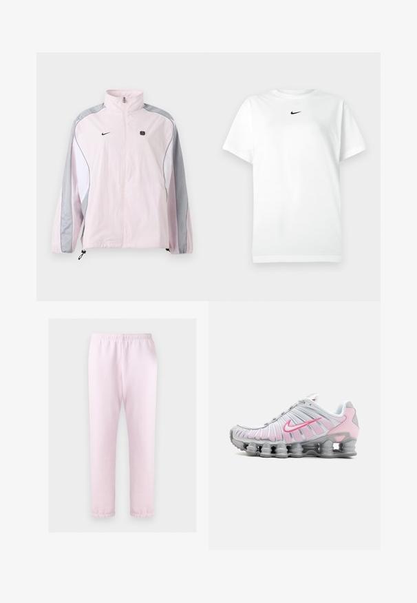 Hellrosa Sportjacke mit grauen und weißen Paneelen, Frontreißverschluss, elastischen Bündchen, Nike-Logo auf der linken Brust und kleinem schwarzem quadratischem Emblem auf der rechten Brust.; Weißes T-Shirt mit kurzen Ärmeln und Rundhalsausschnitt, mit kleinem schwarzen Nike-Swoosh-Logo, das zentriert unter dem Halsausschnitt platziert ist.; Hellrosa elastische Jogginghose mit Bündchen an den Knöcheln, flach auf weißem Hintergrund präsentiert.; Nike Sportschuh in Weiß und Hellrosa. Mit einem Obermaterial aus Mesh und einer markanten, gewölbten Sohle mit sichtbarer Luftpolsterung.