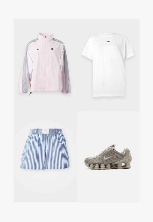 Hele roosa spordijakk hallide ja valgete paneelidega, esikinnisega, elastsete varrukasäärtega, Nike logo vasakul rinnal ja väike must ruudukujuline embleem paremal rinnal.; Valge lühikeste varrukatega T-särk ümmarguse kaelusega, millel on väikene must Nike'i logoga silt kaeluse all.; Sinine ja valge triibuline lühike püks, elastse vöökoha ja Nike logo sisaldava sildiga. Valmistatud kerge ja siledapinnalisest kangast.; Hele beež Nike Shoxi sneaker nähtava sambakujulise polsterdusega tallaga ja võrgust üliskattega.