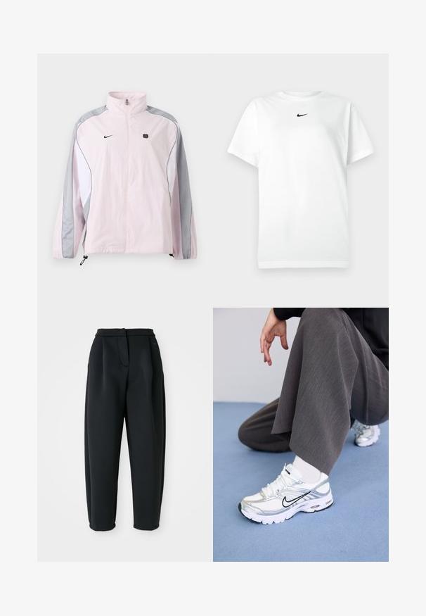 Lyserød sportjakke med grå og hvide paneler, lynlås foran, elastiske manchetter, Nike-logo på venstre bryst og lille sort firkantet emblem på højre bryst.; Hvid kortærmet T-shirt med rund hals, prydet med et lille sort Nike swoosh-logo centreret under halsudskæringen.; Sorte bukser lavet af et glat stof, med en skræddersyet talje, plisseret front og tætsiddende ben med opsmøgede kanter.; Hvide og sølv atletik sko med meshej og syntetiske materialer, der har sorte accentlinjer, snørebånd og strukturerede såler.