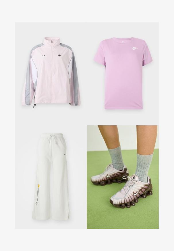Lichtroze sportjack met grijze en witte panelen, ritssluiting aan de voorkant, elastische manchetten, Nike-logo op de linkerborst en een klein zwart vierkant embleem op de rechterborst.; Lila Nike T-shirt met korte mouwen en wit Nike-logo op de bovenste linkerborst, ronde halslijn en een effen stoffen achtergrond.; Witte, wijde sweatpants met een elastische tailleband, trekkoord, zijslitsen, zwart Nike-logo en contrasterende gele grafische tekst.; Nike-sneakers in lichtroze en bruin, met een gestructureerde bovenkant, gelaagd ontwerp en een dempende buitenzool met zichtbare luchtunits.