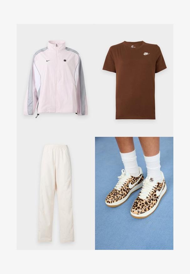 Svetloružová športová bunda so sivými a bielymi panelmi, predný zips, elastické manžety, logo Nike na ľavej časti hrude a malý čierny štvorcový emblém na pravej časti hrude.; Hnedé tričko krátky rukáv Nike s bielym logom Nike na ľavej strane hrude a okrúhlym výstrihom, zobrazené na jednoduchom pozadí.; Voľné nohavice krémovej farby s elastickým pásom a rovnými nohavicami, zobrazené na bielom pozadí.; Nike Air Force 1 tenisky s leopardím vzorom, biele šnúrky a logo swoosh, s hnedou gumovou podrážkou a textúrovaným vrchom. Viditeľné biele ponožky.
