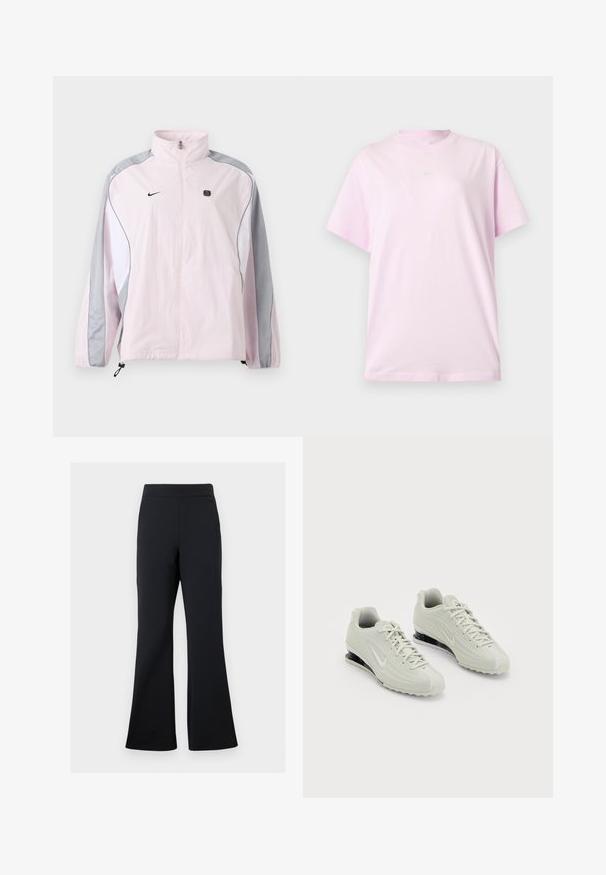 Lyserød sportjakke med grå og hvide paneler, lynlås foran, elastiske manchetter, Nike-logo på venstre bryst og lille sort firkantet emblem på højre bryst.; Lyserød kortærmet Nike T-shirt med rund hals og et lille hvidt Nike-logo centreret på brystet, vist på en ensfarvet baggrund.; Sorte flared bukser lavet af blødt stof med elastisk talje og en diskret sidelomme, der har en glat tekstur og minimalistisk design.; Hvide Nike sneakers med en tekstureret overdel, der har en glat tæer og sorte polstringselementer. Snørebåndsstil med forstærket hæl.