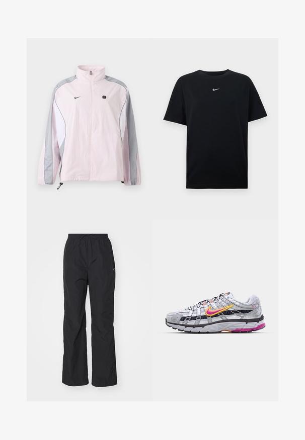 Vaaleanpunainen urheilutakki, jossa harmaat ja valkoiset paneelit, edessä vetoketju, joustavat hihansuut, Nike-logo vasemmalla rinnuksella ja pieni musta neliöembleemi oikealla rinnuksella.; Musta puuvillainen t-paita, jossa pyöreä pääntie ja lyhyet hihat. Rintakehän keskellä pieni valkoinen Nike-logo. Sileä pinta.; Mustat, kevyet housut, joissa on joustava vyötärö ja nyöri. Niissä on teksturoitu pinta ja pieni heijastava logo sivussa.; Harmaa verkkokangasjuoksukengät, joissa on erottuva vaaleanpunainen ja keltainen swoosh, mustia yksityiskohtia ja teksturoitu kumipohja. Ominaisuuksiin kuuluu vahvistettu varvasosa ja pehmustettu kaulus.