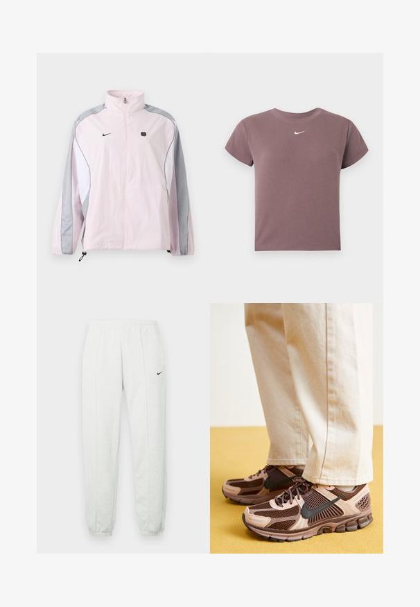 Lyserød sportjakke med grå og hvide paneler, lynlås foran, elastiske manchetter, Nike-logo på venstre bryst og lille sort firkantet emblem på højre bryst.; Mauve ribbet kortærmet crop top med rund hals og lille hvid Nike-logo centreret under halsudskæringen.; Lysegrå Nike joggingbukser med elastisk taljebånd, tilspidsede manchetter og et lille sort logo på venstre lår. Blødt, tekstureret stof.; Nike sneakers har en blanding af brunt og lyserødt mesh og gummi, med sorte detaljer og en tekstureret sål, parret med beige bukser.