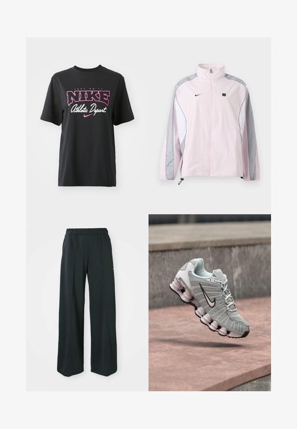 Lichtroze sportjack met grijze en witte panelen, ritssluiting aan de voorkant, elastische manchetten, Nike-logo op de linkerborst en een klein zwart vierkant embleem op de rechterborst.; Zwarte katoenen T-shirt met een grafische print in roze en wit met de tekst "JUST DO IT," "NIKE," en "Athletic Depart." Standaard pasvorm.; Zwarte, wijde sportbroek met een elastische tailleband. Gemaakt van gladde, rekbare stof, met subtiele voornaden en zonder zakken.; Lichtgrijze Nike-sneaker met zwart swoosh-logo, witte veters en een kenmerkende veerachtige zool, zwevend boven een stenen oppervlak.