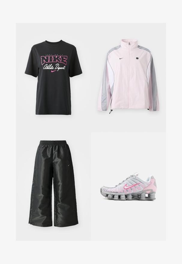 Lyserød sportjakke med grå og hvide paneler, lynlås foran, elastiske manchetter, Nike-logo på venstre bryst og lille sort firkantet emblem på højre bryst.; Sort bomulds T-shirt med grafisk print i pink og hvid med teksten "JUST DO IT," "NIKE," og "Athletic Depart." Standard pasform.; Sorte sportsbukser i et blankt, glat stof med en elastisk talje, brede ben og et lille logo på venstre side.; Nike træningssko i hvid og lys pink. Har en mesh-overdel og en markant buet sål med synlig luftdæmpning.