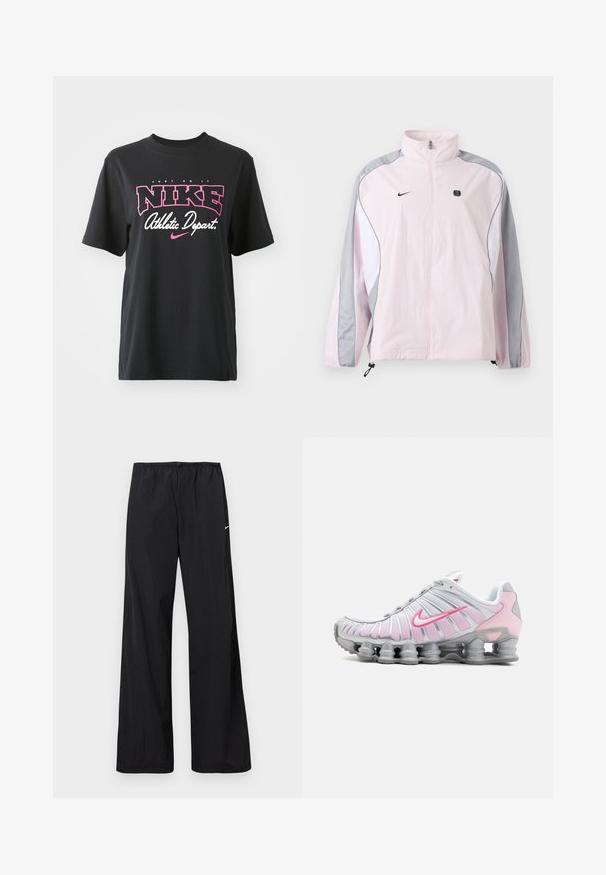 Lyserød sportjakke med grå og hvide paneler, lynlås foran, elastiske manchetter, Nike-logo på venstre bryst og lille sort firkantet emblem på højre bryst.; Sort bomulds T-shirt med grafisk print i pink og hvid med teksten "JUST DO IT," "NIKE," og "Athletic Depart." Standard pasform.; Sorte løstsiddende sportbukser med elastisk taljebånd og lille hvid Nike-swoosh på venstre lår, vist på en hvid baggrund.; Nike træningssko i hvid og lys pink. Har en mesh-overdel og en markant buet sål med synlig luftdæmpning.