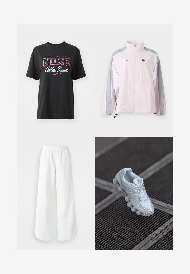 Lyserød sportjakke med grå og hvide paneler, lynlås foran, elastiske manchetter, Nike-logo på venstre bryst og lille sort firkantet emblem på højre bryst.; Sort bomulds T-shirt med grafisk print i pink og hvid med teksten "JUST DO IT," "NIKE," og "Athletic Depart." Standard pasform.; Hvide athletic bukser med vidde, ribbet talje og subtile logo detaljer. Glat stof med en afslappet pasform og tapered hals.; Lyseblå træningssko med en tekstureret overdel, der har en rund sål med cylindriske elementer og et fremtrædende logo på tungen.