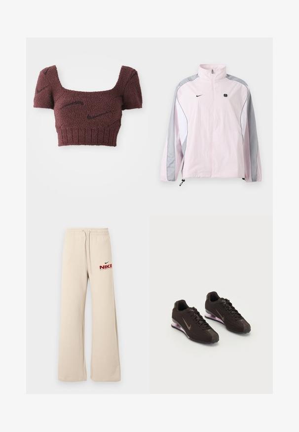 Vaaleanpunainen urheilutakki, jossa harmaat ja valkoiset paneelit, edessä vetoketju, joustavat hihansuut, Nike-logo vasemmalla rinnuksella ja pieni musta neliöembleemi oikealla rinnuksella.; Violetti lyhyt toppi, jossa on teksturoitu kangas, neliömäinen pääntie, lyhyet hihat ja ribbaushelma, joissa on hillittyjä tummia kuvioita.; Röyhkeät beiget collegehousut, joissa on elastinen vyötärönauha ja kiristysnauhat. Vasemmassa reisessä on punainen ja musta Nike Athletic Club -logo.; Musta urheilukengät, joissa on tekstuuripinta, ruskeat yksityiskohdat ja violetti ilmatyynypohja. Nauhaverkko, jossa on voimakas brändäys.