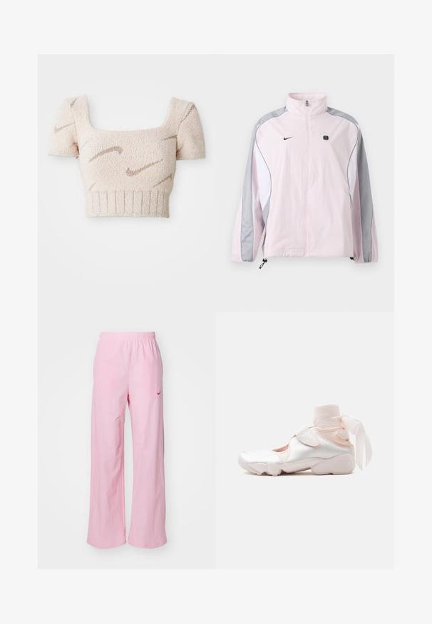 Veste de sport rose clair avec des panneaux gris et blancs, fermeture éclair à l'avant, poignets élastiques, logo Nike sur la poitrine gauche et petit emblème carré noir sur la poitrine droite.; Top court à manches courtes en tissu doux et texturé. Couleur rose clair avec des motifs ondulés marron. Décolleté carré et ourlet côtelé.; Pantalons roses à taille élastique avec une coupe décontractée. Présente un logo rouge sur le côté gauche et une texture lisse et légère.; Baskets blanches et rose pâle avec un tour de cheville en tissu doux attaché en nœud, avec une bride ajustable et une semelle arrondie.