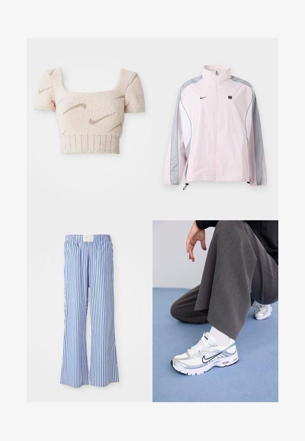 Lichtroze sportjack met grijze en witte panelen, ritssluiting aan de voorkant, elastische manchetten, Nike-logo op de linkerborst en een klein zwart vierkant embleem op de rechterborst.; Korte mouwen, cropped top in zachte, gestructureerde stof. Lichtroze kleur met bruine, golfachtige patronen. Vierkante halslijn en ribbelzoom.; Blauwe en witte gestreepte broek met een relaxte pasvorm, gemaakt van lichte stof, met een elastische tailleband en een subtiele logo-tag.; Witte en zilveren sport schoenen van mesh en synthetische materialen, met zwarte accentlijnen, veters en gestructureerde zolen.