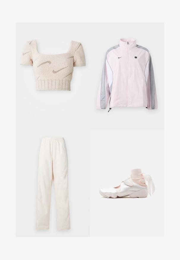 Hellrosa Sportjacke mit grauen und weißen Paneelen, Frontreißverschluss, elastischen Bündchen, Nike-Logo auf der linken Brust und kleinem schwarzem quadratischem Emblem auf der rechten Brust.; Kurzes, ärmelloses Oberteil aus weichem, strukturiertem Stoff. Hellrosa Farbe mit braunen, wellenförmigen Mustern. Quadrat-Ausschnitt und gerippter Saum.; Locker sitzende, crèmefarbene Hose mit elastischem Bund und geradem Beinschnitt, vor einem einfarbigen weißen Hintergrund präsentiert.; Weißer und hellrosa Sneaker mit weichem Stoffknöchelwickel, der zu einer Schleife gebunden ist, mit verstellbarem Riemen und abgerundeter Sohle.