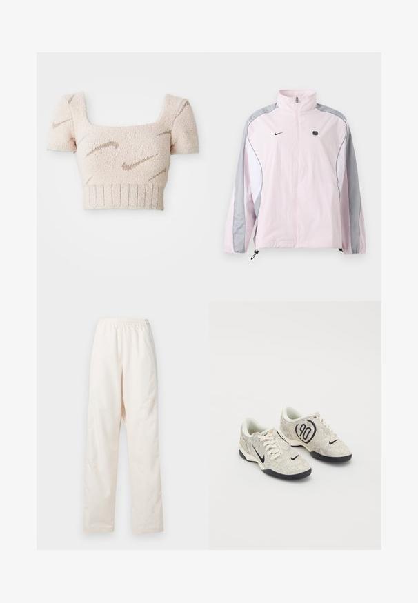 Chaqueta deportiva de color rosa claro con paneles grises y blancos, cremallera frontal, puños elásticos, logo de Nike en el pecho izquierdo y pequeño emblema negro cuadrado en el pecho derecho.; Top corto de manga corta en una tela suave y texturizada. Color rosa claro con patrones en forma de olas de color marrón. Escote cuadrado y dobladillo acanalado.; Pantalones de color crema con cintura elástica y corte de pierna recta, de ajuste suelto, exhibidos sobre un fondo blanco liso.; Zapatillas Nike con un upper texturizado en beige y gris, acentos negros, un gran logo de "90" y un cierre de cordones blancos. Suela negra.