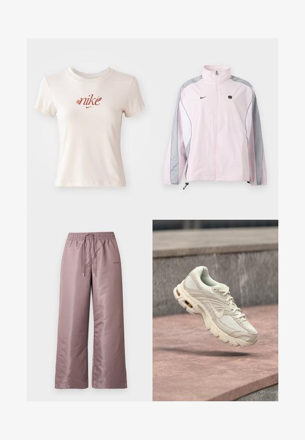 Chaqueta deportiva de color rosa claro con paneles grises y blancos, cremallera frontal, puños elásticos, logo de Nike en el pecho izquierdo y pequeño emblema negro cuadrado en el pecho derecho.; Camiseta de manga corta beige de algodón, con un logo rojo de "nike" adornado con acentos florales y un cuello redondo.; Pantalones de pierna ancha en rosa claro, hechos de nylon suave. Cuentan con una cintura elástica con cordón ajustable y llevan una marca en el lateral.; Zapatilla deportiva beige claro con parte superior de malla, punta redondeada y entresuela texturizada. Cuenta con cuello acolchado y cordones con un logo sutil.