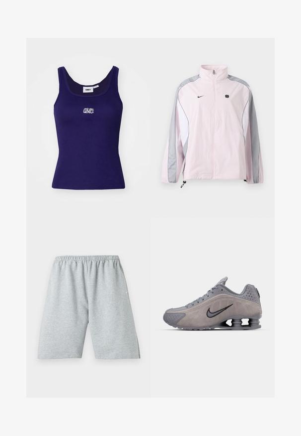 Svetloružová športová bunda so sivými a bielymi panelmi, predný zips, elastické manžety, logo Nike na ľavej časti hrude a malý čierny štvorcový emblém na pravej časti hrude.; Námornícky modrý rebrovaný tielko bez rukávov, s malým bielym vyšitým logom na hrudi a okrúhlym výstrihom.; Svetlosivé atletické šortky po kolená s elastickým pásom a malým bielym logom na ľavej nohe.; Sivá semišová športová obuv s zakriveným dizajnom, so šnurovaním, čiernym logom swoosh a viditeľnou tlmiacou jednotkou v päte.