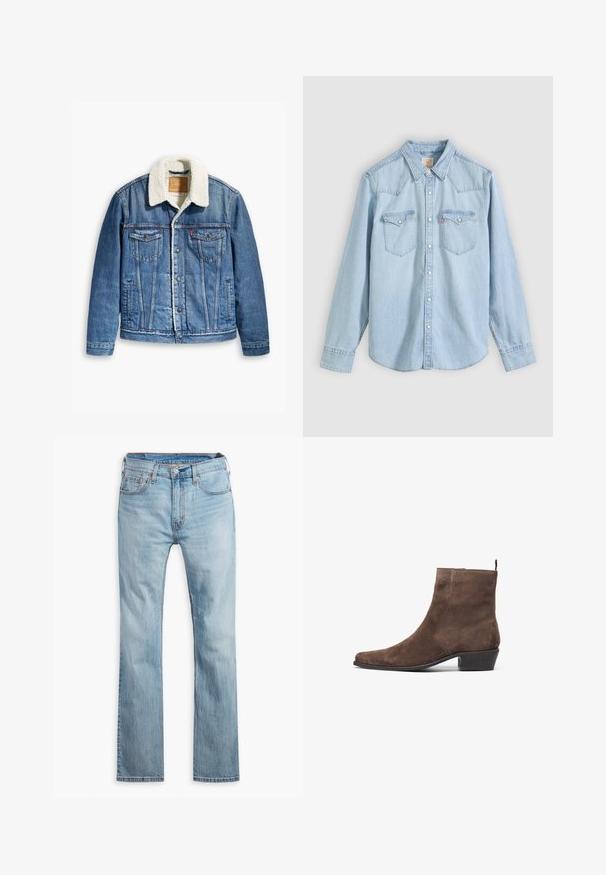 Denimjakke i en lys blå farve, med shearling-foret krave, to brystlommer, lukning med knapper foran og kontrastsyninger.; Lyseblå denimskjorte med lange ærmer, knapper foran, to brystlommer med knapflap og spids krave på ensfarvet baggrund.; Lyseblå denim jeans, lige pasform, med fem lommer, kontrastsyning og knaplukning i taljen.; Brune suede ankelstøvle med spidse tå, lav blok hæl og en løkke bagpå for nem påklædning. Glat tekstur og enkelt design.