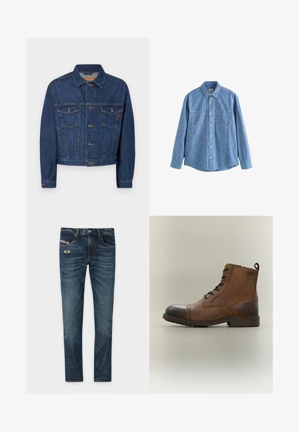 Mørkeblå denimjakke med klassisk snit, der har to brystlommer, metalknapper og en let falmet tekstur.; Langærmet blå chambray-skjorte med knaplukning foran og to brystlommer, lagt fladt på en hvid baggrund.; Mørkeblå denimjeans med en let slidt finish, prydet med en slidtage detalje foran og fem lommer, herunder en lille møntlomme.; Brun læderstøvle med snørebånd, sort tåhætte, rund sål og mærket detalje på siden mod ensfarvet baggrund.