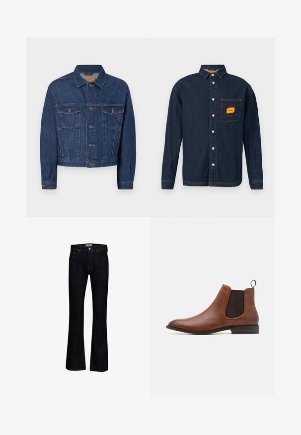 Mørkeblå denimjakke med klassisk snit, der har to brystlommer, metalknapper og en let falmet tekstur.; Mørkeblå denimskjorte med knap-ned krave, orange label på brystlommen og hvide knapper. Blød tekstur med kontrastsyninger.; Mørkeblå bukseskær med flared fit lavet af denim med en glat tekstur. Har fem lommer, messingbeslag og kontrastsygning.; Zign LEATHER - Støvletter - cognac