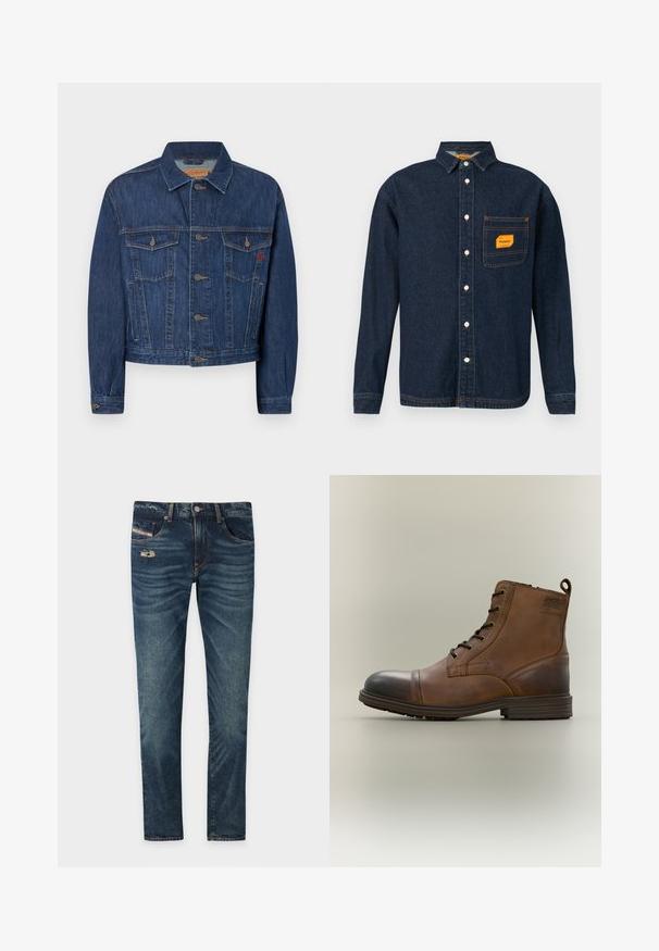 Chaqueta de denim azul oscuro con un corte clásico, que cuenta con dos bolsillos en el pecho, botones de metal y una textura ligeramente descolorida.; Camisa de mezclilla azul oscuro con cuello abotonado, etiqueta naranja en el bolsillo del pecho y botones blancos. Textura suave con detalles de costura en contraste.; Jeans de denim azul oscuro con un acabado ligeramente deslavado, que presentan un detalle desgate en la parte frontal y cinco bolsillos, incluyendo un pequeño bolsillo para monedas.; Bota de cuero marrón con cordones hasta el tobillo, puntera negra, suela redonda y detalle de marca en el lateral sobre un fondo liso.