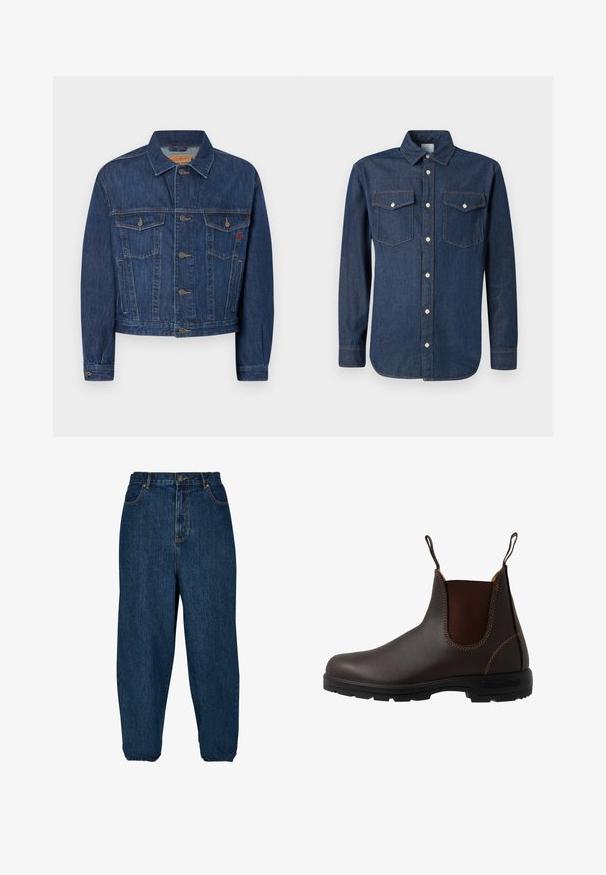 Veste en denim bleu foncé à coupe classique, présentant deux poches poitrine, des boutons en métal et une texture légèrement délavée.; Chemise en denim bleu foncé avec un col classique, des manches longues et deux poches poitrine. Présente des boutons blancs et des coutures contrastées.; Jean en denim bleu foncé avec une coupe décontractée, taille haute et poignets élastiques. Il dispose d'une fermeture à bouton à l'avant et de cinq poches.; Botte Chelsea en cuir marron avec panneau latéral élastique, coutures marron, languettes de tirage, et une semelle en caoutchouc durable avec un motif texturé.