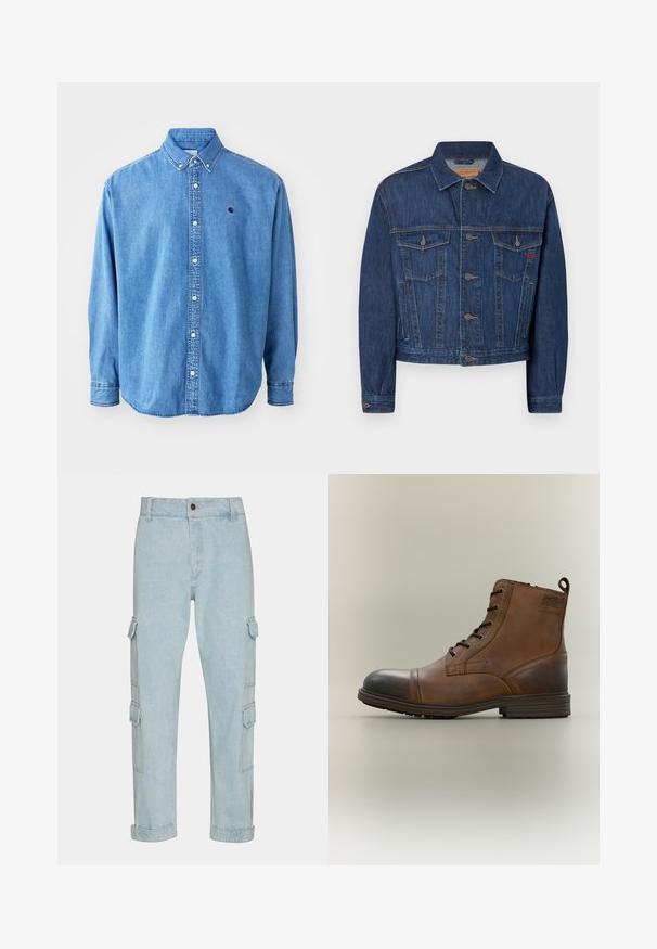 Tummansininen farkkutakki klassisella leikillä, jossa on kaksi rintataskua, metallinapit ja hieman haalistunut pinta.; Denim-paitapaita, vaaleansininen, jossa on kaulus, pitkät hihat ja pieni logo rinnassa. Valkoiset napit ja ommeltu sauma.; Karl Kani RETRO BAGGY WORKWEAR - Relaxed fit -farkut - bleached blue; Ruskeat nahkakengät, joissa on nauhat nilkan korkeudella, musta kärki, pyöreä pohja ja merkkidetalji sivussa yksinkertaista taustaa vasten.
