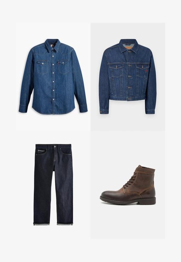 Dunkelblaue Jeansjacke mit klassischem Schnitt, zwei Brusttaschen, Metallknöpfen und leicht ausgewaschenem Look.; Dunkelblaue Jeanshemd mit langen Ärmeln, spitzem Kragen und Druckknöpfen. Verfügt über zwei Brusttaschen mit Klappen und kontrastierenden Nähten.; Dunkelblaue Jeans aus Denim mit umgeschlagenen Bündchen, Knopf- und Reißverschluss, Vorder- und Münztaschen und kontrastierenden Nähten vor weißem Hintergrund.; Jack & Jones JFWDELANEY BOOT - Schnürstiefelette - cognac