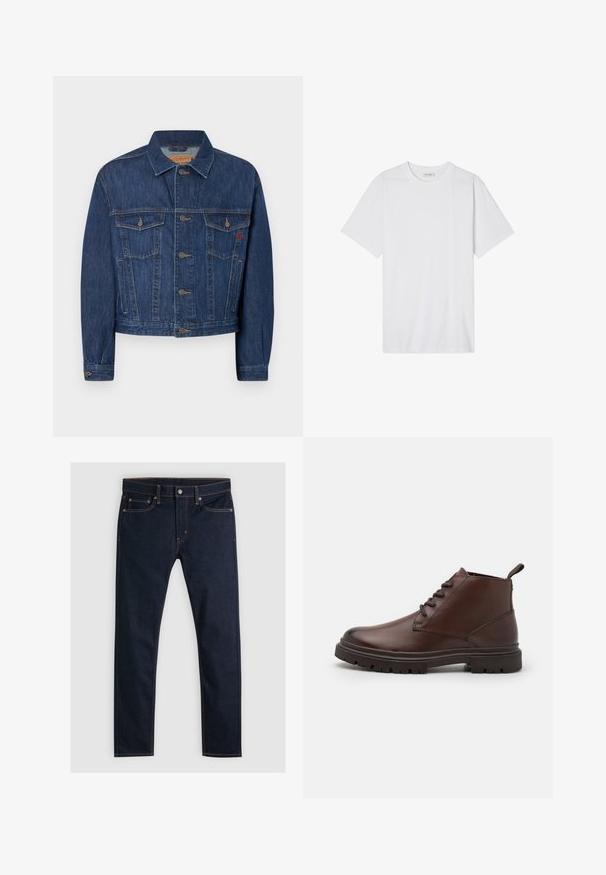 Dunkelblaue Jeansjacke mit klassischem Schnitt, zwei Brusttaschen, Metallknöpfen und leicht ausgewaschenem Look.; Weißes Baumwoll-T-Shirt mit Rundhalsausschnitt, kurzen Ärmeln und lockerer Passform; glatte Textur mit sauberen Kanten und ohne Muster oder Verzierungen.; Levi's® 510® SKINNY - Jeans Skinny Fit - dark hollow; Zign by Zalando Schnürstiefelette - dark brown