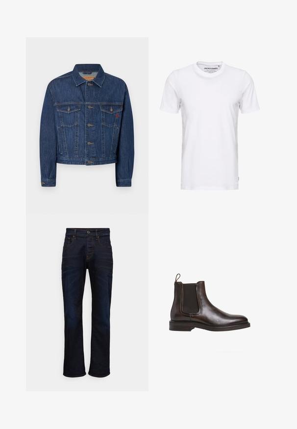 Chaqueta de denim azul oscuro con un corte clásico, que cuenta con dos bolsillos en el pecho, botones de metal y una textura ligeramente descolorida.; Camiseta de manga corta blanca, hecha de algodón, con cuello redondo y un diseño sencillo. Etiqueta de la marca visible en la zona del cuello. Sin patrones ni detalles.; Jeans de mezclilla azul oscuro con diseño de pierna recta, cinco bolsillos y detalles de costura en contraste. El material tiene una textura suave y tejida.; Botín Chelsea de cuero marrón con paneles laterales elásticos, tirador en bucle y un tacón bajo apilado. Textura suave y silueta elegante.