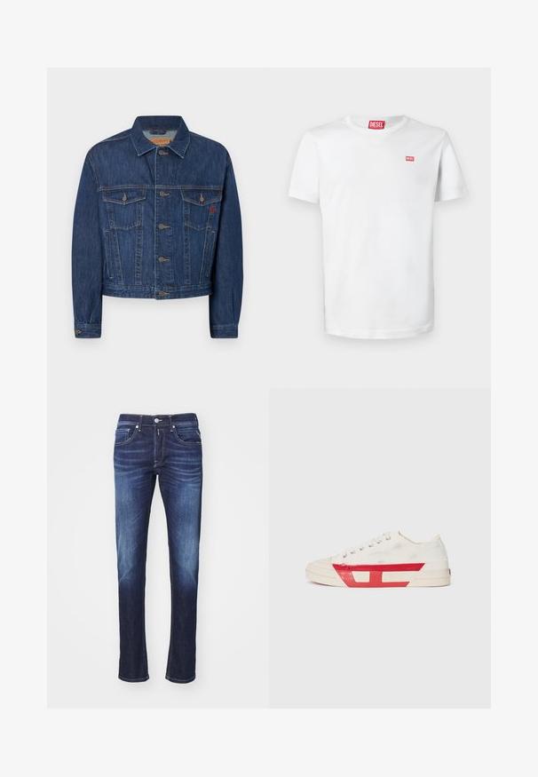 Dunkelblaue Jeansjacke mit klassischem Schnitt, zwei Brusttaschen, Metallknöpfen und leicht ausgewaschenem Look.; Weißes Baumwoll-T-Shirt mit V-Ausschnitt, kurzen Ärmeln und kleinem rotem Diesel-Logo auf der Brust. Glatte Textur, schlichtes Design.; Dunkelblaue Jeans aus Denim mit geradem Schnitt, ausgestattet mit fünf Taschen, einem Knopfverschluss und sanften Verwaschungen entlang der Oberschenkel.; Leinensneaker mit weißem Obermaterial, roten Gummidetails und einem strukturierten Design. Verfügt über eine runde Zehenpartie und fünf Ösen für die Schnürsenkel.