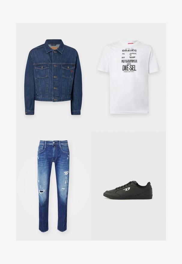 Donkerblauwe spijkerjas met een klassieke snit, voorzien van twee borstzakken, metalen knopen en een licht vervaagde textuur.; Wit katoenen T-shirt met gedurfde zwarte typografie met de woorden "BRAVES" en "DIE-SEL INDUSTRY" en een semi-transparant uitgesneden ontwerp.; Donkerblauwe spijkerbroek met gescheurde details, vijf-pocket ontwerp en subtiele vervaging. Recht model met een nette zoom.; Zwarte sneakers van synthetisch materiaal met een geribbelde zwarte zool, ronde neus en vlakke zwarte veters. Opvallend wit logomerk aan de buitenzijde.