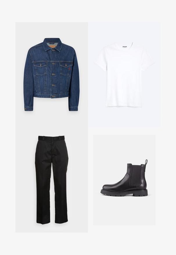 Veste en denim bleu foncé à coupe classique, présentant deux poches poitrine, des boutons en métal et une texture légèrement délavée.; T-shirt blanc uni à manches courtes et col rond avec une étiquette de la marque WEEKDAY visible au niveau du col, présenté sur un fond clair.; Pantalons noirs en tissu lisse, avec une coupe droite, des passants de ceinture et deux poches latérales. Look classique sans embellissements.; Bottines Chelsea en cuir noir avec panneaux latéraux élastiques, bout rond et semelle en caoutchouc texturé. Comprend une languette à l'arrière pour un enfilage facile.