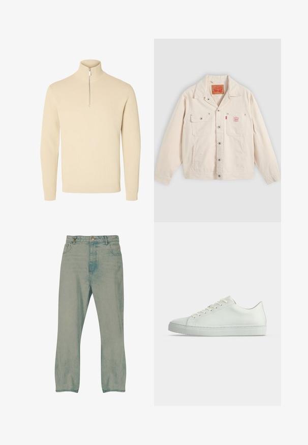 Svetlo krémová bunda na zapínanie na gombíky s dvoma náprsnými vreckami, jedno so zapínacou klopou a červená tabuľka s logom Levi's na pravom vrecku.; Béžový pletený sveter s vysokým rebrovaným golierom a krátkym predným zipsom, s dlhými rukávmi a rebrovanými rukávmi a lemom.; Svetlomodré rifle s rovnými nohavicami, predným zapínaním na gombíky, pútkami na opasok a prednými vreckami, zobrazené na bielom pozadí.; Biely nízky teniska s šnúrkami, hladkým koženým zvrškom a plochou gumovou podrážkou, zobrazená z boku na jednoduchom pozadí.