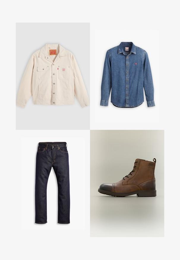 Gebroken witte jasje met knopen, voorzien van twee borstzakken, waarvan één met een knoopklep, en een rood Levi's logotabbord op de rechterzak.; Donkerblauw denim shirt met een button-down kraag, lange mouwen, gestikte accenten en een klein rood logo op de borstzak.; Donkerblauwe recht gesneden denim jeans met vijf zakken en oranje contrasterende stiknaden, plat gelegd op een witte achtergrond.; Bruine leren enkellaars met veters, zwarte neuskap, ronde zool en merkdetail aan de zijkant tegen een effen achtergrond.
