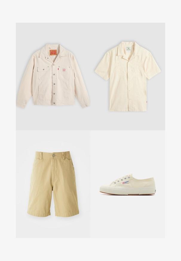 Veste boutonnée écrue avec deux poches poitrine, dont une à rabat avec bouton, et une étiquette rouge du logo Levi's sur la poche droite.; Chemise à manches courtes couleur crème avec boutons, broderie florale subtile sur le devant et col de style camp, posée à plat sur un fond gris.; Shorts kaki en coton, avec une fermeture éclair, une patte de boutonnage, deux poches latérales et une coupe décontractée. Texture lisse, design à longueur de genoux.; Baskets en toile beige au design épuré, œillets en métal et semelle en caoutchouc. Présente un motif texturé et un détail de logo sur le côté.