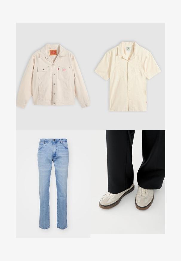Veste boutonnée écrue avec deux poches poitrine, dont une à rabat avec bouton, et une étiquette rouge du logo Levi's sur la poche droite.; Chemise à manches courtes couleur crème avec boutons, broderie florale subtile sur le devant et col de style camp, posée à plat sur un fond gris.; Jean en denim bleu clair avec une coupe droite, cinq poches et une fermeture à bouton en métal. Présente des coutures le long des coutures et des ourlets.; Pieds portant des baskets beige avec des semelles marron et un pantalon noir à jambes larges sur fond blanc.