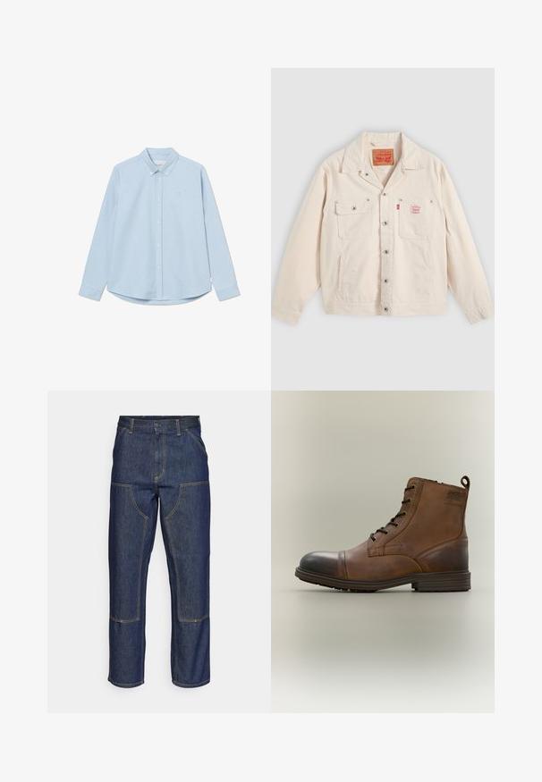 Valkoinen nappikiinnitteinen takki, jossa on kaksi rintataskua, joista toisessa on nappiläppä, ja oikeassa taskussa punainen Levi's-logo.; Vaaleansininen pitkähihaisten napitettujen paitojen, joissa on terävä kaulus, yksittäinen rintalogo ja pyöristetty helma. Valmistettu sileästä kankaasta, jossa on yksinkertainen rakenne.; Tummansiniset farkut, joissa on korkea vyötärö, suora lahje, eriväriset ompeleet ja etupuolella pakki-taskut.; Ruskeat nahkakengät, joissa on nauhat nilkan korkeudella, musta kärki, pyöreä pohja ja merkkidetalji sivussa yksinkertaista taustaa vasten.