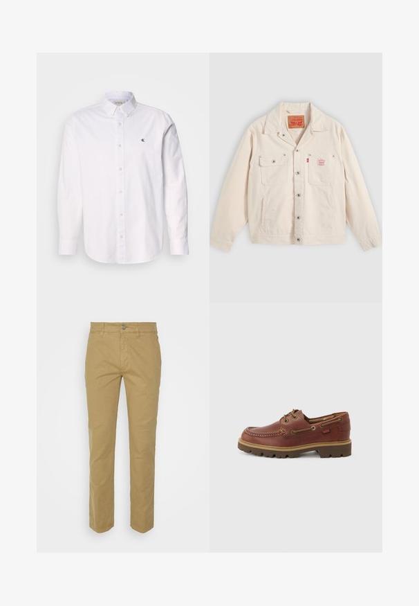 Gebroken witte jasje met knopen, voorzien van twee borstzakken, waarvan één met een knoopklep, en een rood Levi's logotabbord op de rechterzak.; Witte button-up shirt gemaakt van katoen, met een klassieke kraag, lange mouwen en een klein CK-logo op de linkerborst. Glad oppervlak.; Beige katoenbroek met een rechte pijp. Voorzien van een rits aan de voorkant, knoopsluiting en vijf zakken, waaronder achterzakken.; Bruine leren veterschoen voor op een boot met een tankleurige zool, ronde neus en gestikte moc-toe-ontwerp op een witte achtergrond.