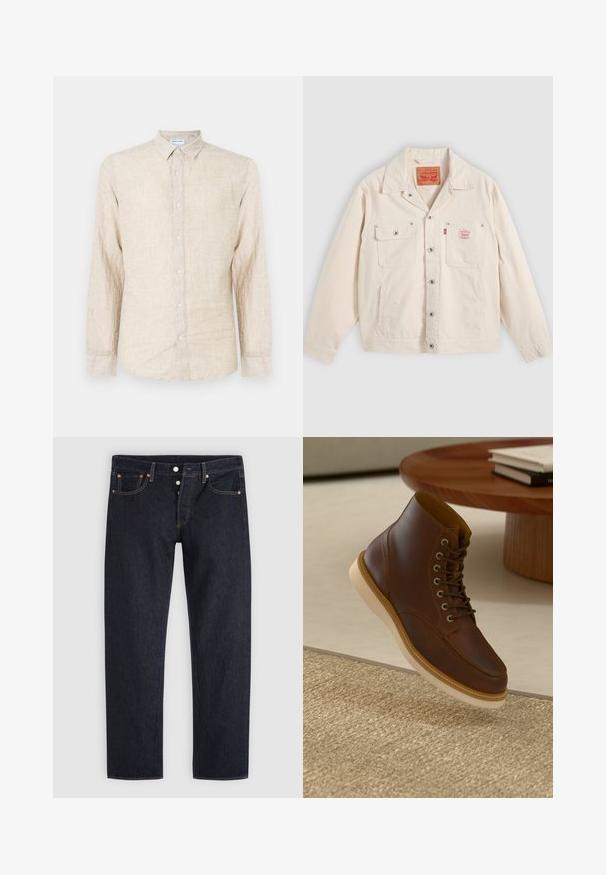 Chaqueta abotonada de color blanco sucio con dos bolsillos en el pecho, uno con solapa y botón, y una pestaña con el logo rojo de Levi's en el bolsillo derecho.; Camisa de manga larga beige hecha de tela texturizada, con un cuello clásico, cierre de botones y un corte relajado.; Vaqueros azul oscuro de pierna recta con bragueta de botones, bolsillos delanteros y traseros, y detalles de remaches de cobre sobre un fondo gris claro.; Botín de cuero marrón con suela beige sobre una alfombra beige texturizada al lado de una mesa redonda de madera con libros apilados.