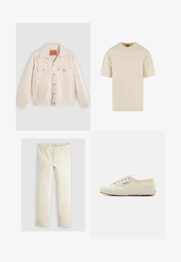 Veste boutonnée écrue avec deux poches poitrine, dont une à rabat avec bouton, et une étiquette rouge du logo Levi's sur la poche droite.; T-shirt en coton beige avec un col rond, des manches courtes et une coupe droite. Texture lisse et sans motifs ni accents visibles.; Pantalons loose-fit beige clair avec trois poches, passants de ceinture et une coupe droite. Fabriqués en un doux mélange de coton.; Baskets en toile beige au design épuré, œillets en métal et semelle en caoutchouc. Présente un motif texturé et un détail de logo sur le côté.