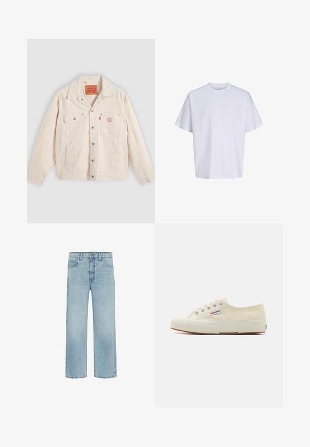 Valkoinen nappikiinnitteinen takki, jossa on kaksi rintataskua, joista toisessa on nappiläppä, ja oikeassa taskussa punainen Levi's-logo.; Yksinkertainen valkoinen ylisuurikokoinen lyhythihainen t-paita, jossa pyöreä pääntie ja löysä istuvuus valkoista taustaa vasten.; Vaaleansiniset suorat farkut, joissa on etutaskut ja napillinen suljin, näyttäen hienovaraisesti kuluneet ja vähäisesti kuluneet.; Vaaleanbeige canvas-kengät, joissa on matala profiili, metalliset nauhoitteet ja kumipohja. Kengissä on teksturoitu kuviointi ja logotieto sivussa.
