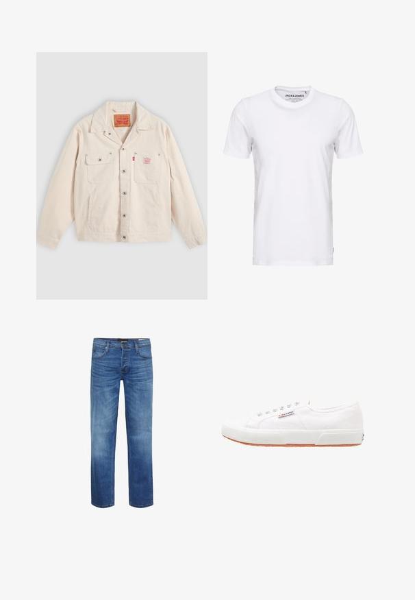 Off-white knapjakke med to brystlommer, den ene med klap og knap, samt en rød Levi's logo etiket på højre lomme.; Hvid t-shirt med korte ærmer lavet af bomuld, med en rund hals og et enkelt design. Brandtag synlig på halsområdet. Ingen mønstre eller accenter.; Lyseblå denimjeans med et falmet look, lige snit, fem-lommers design og lynlås. Har brune syninger og et logo-patch.; Hvide kanvas sneakers med gummisål, snørebåndsdesign og et lille logo mærke på siden. Tekstureret hvid overdel og brun ydersål.