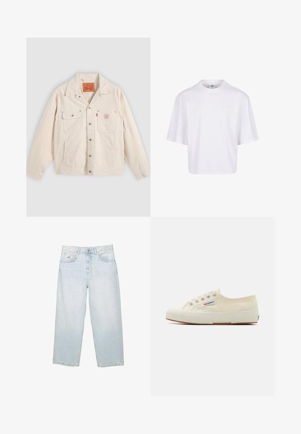 Gebroken witte jasje met knopen, voorzien van twee borstzakken, waarvan één met een knoopklep, en een rood Levi's logotabbord op de rechterzak.; Witte, kortekorte t-shirt met een ronde hals en een ontspannen pasvorm, gemaakt van een zachte katoenmix. Geen patronen of versieringen.; Lichtblauwe hoge taille straight-leg jeans met een knoop aan de voorkant, zakken en een klein gemerkt metalen label op de rechter voorkzak.; Beige canvas sneaker met een laag profiel, metalen oogjes en rubberen zool. Beschikt over een textuurpatroon en logodetail aan de zijkant.