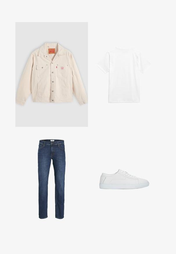 Gebroken witte jasje met knopen, voorzien van twee borstzakken, waarvan één met een knoopklep, en een rood Levi's logotabbord op de rechterzak.; Witte katoenen t-shirt met korte mouwen en een ronde hals. De stof lijkt glad zonder patronen of zichtbare hardware.; Donkerblauwe denim jeans met een rechte pijp, een vijf-pocket ontwerp en zichtbare stikseldetails. Klassieke knoop- en ritssluiting.; Witte lage sneaker met vetersluiting, glad leren bovenwerk en platte rubberen zool, zijaanzicht op een witte achtergrond.