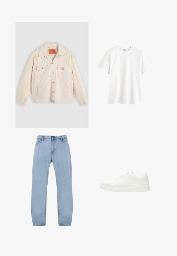 Svetlo krémová bunda na zapínanie na gombíky s dvoma náprsnými vreckami, jedno so zapínacou klopou a červená tabuľka s logom Levi's na pravom vrecku.; Jednoduché biele tričko s krátkym rukávom a okrúhlym výstrihom, s malou značkovou etikietou vo vnútri goliera.; Svetlo modré riflové nohavice so strihom rovného nohu, obsahujúce štyri vrecká, zips a detaily zlatého prešívania.; Biele tenisky s hladkým koženým zvrškom, plochými šnúrkami a hrubou gumovou podrážkou. Minimalistický dizajn s jemným prešívaním a bezšvovými akcentmi.