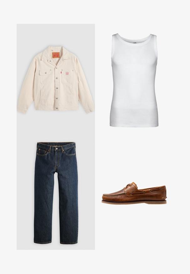 Svetlo krémová bunda na zapínanie na gombíky s dvoma náprsnými vreckami, jedno so zapínacou klopou a červená tabuľka s logom Levi's na pravom vrecku.; Biely rebrovaný tielkový top bez rukávov s okrúhlym výstrihom a rovný lemom, zobrazený na jednoduchom pozadí.; Tmavomodré riflové nohavice so strihom rovné nohavice. Majú päť vreciek, kontrastné prešívanie a zapínanie na gombík v páse.; Hnedé kožené lodné topánky s prešitými detailmi, s kovovými očkami, vyvýšeným švom na špičke a plochou gumovou podrážkou.