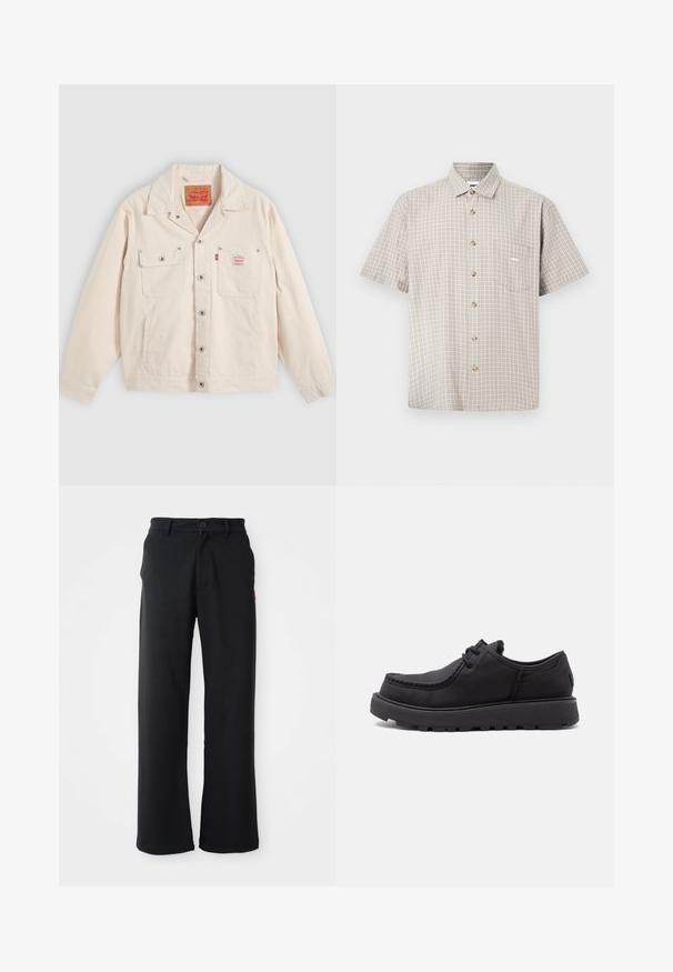 Chaqueta abotonada de color blanco sucio con dos bolsillos en el pecho, uno con solapa y botón, y una pestaña con el logo rojo de Levi's en el bolsillo derecho.; Camisa de manga corta con botones en patrón de cuadros beige y crema, con un bolsillo en el pecho izquierdo y botones marrones. Hecha de tela ligera.; Pantalones negros de pierna recta con cierre de botón y cremallera, lazos para cinturón y bolsillos laterales, exhibidos sobre un fondo blanco.; Zapato negro de piel con cordones, suela gruesa de goma y detalle cosido en la punta, mostrado de lado sobre un fondo blanco.
