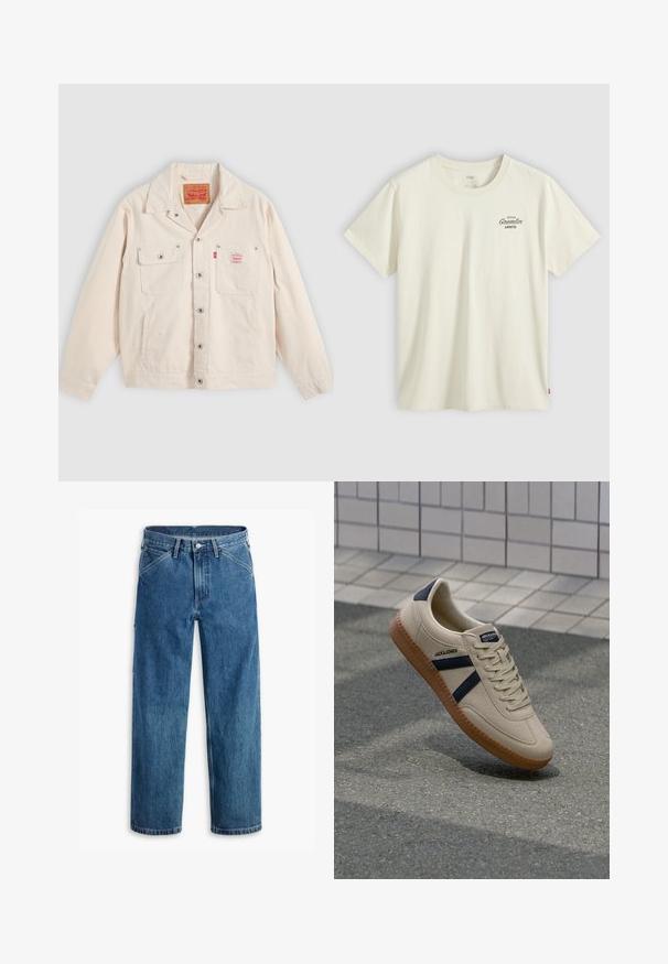 Off-white knapjakke med to brystlommer, den ene med klap og knap, samt en rød Levi's logo etiket på højre lomme.; Off-white Levi's T-shirt med korte ærmer og lille sort tekst "Denim Gremlin Levi's" på øverste venstre bryst.; Blå denim jeans med lige ben, forlommer, bæltestropper, metal knap og lynlås foran på hvid baggrund.; Beige sneaker med struktureret overflade, marineblå striber og gummisål. Har en polstret tunge og traditionelt snørresystem for en sikker pasform.