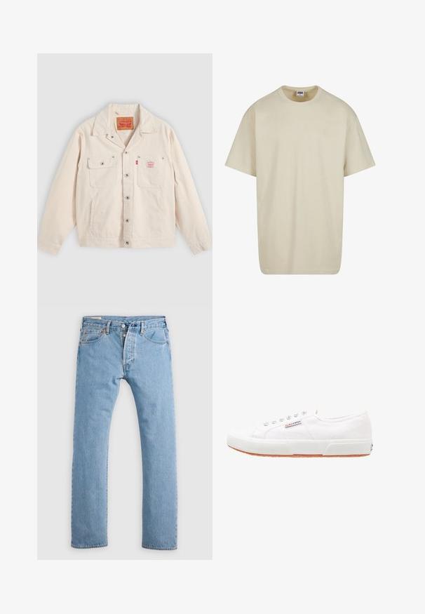 Off-white knapjakke med to brystlommer, den ene med klap og knap, samt en rød Levi's logo etiket på højre lomme.; Lysebeige bomulds-T-shirt med korte ærmer, rund halsudskæring og løs pasform. Stoffet fremstår glat uden synlige mønstre eller accenter.; Lys blå lige ben denim jeans med knaplukning, bæltestropper og for- og baglommer, vist på en hvid baggrund.; Hvide kanvas sneakers med gummisål, snørebåndsdesign og et lille logo mærke på siden. Tekstureret hvid overdel og brun ydersål.